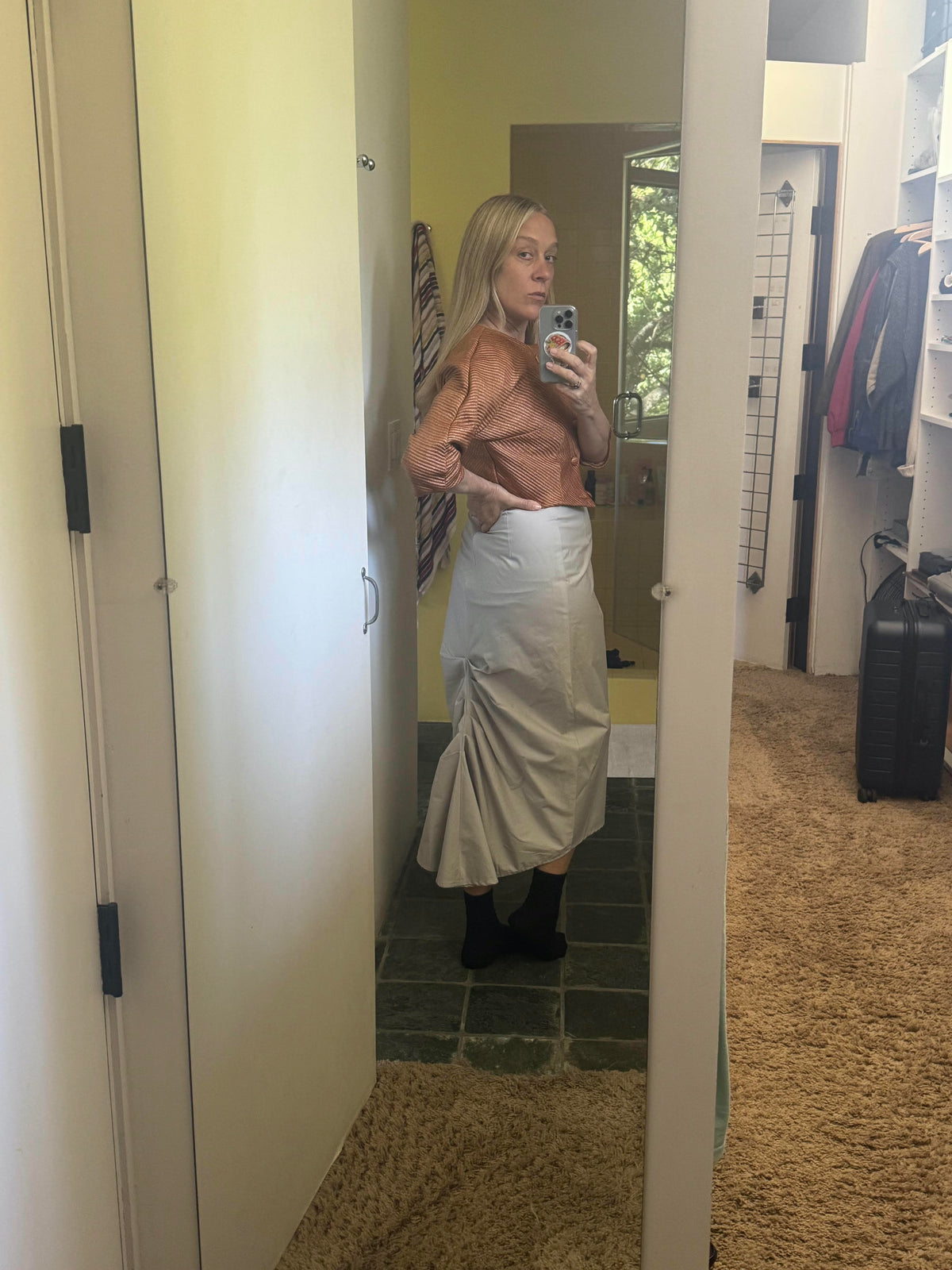 Chloe Sevigny selfie in the Dawn Sharp Raffia Crops Coat and Bustle Skirt